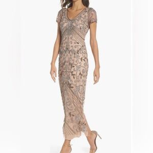 Pisarro Nights Beaded Maxi Dress in Cream and Silver